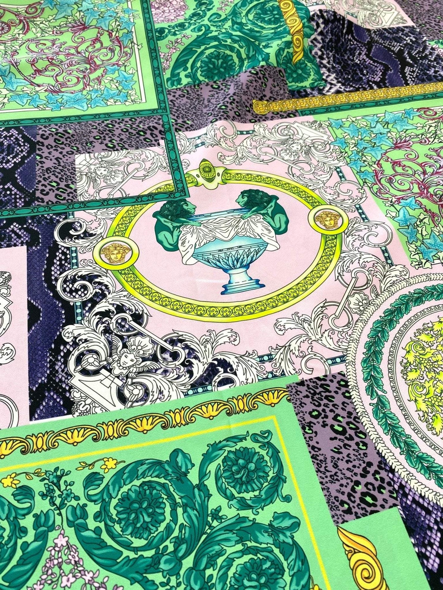 Baroque Pattern Fabric Green Borders and Soft Color Palette – Fabric by Metre, Options: Satin, Crepe, Spandex, Chiffon