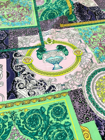 Baroque Pattern Fabric Green Borders and Soft Color Palette – Fabric by Metre, Options: Satin, Crepe, Spandex, Chiffon