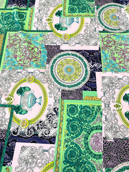 Baroque Pattern Fabric Green Borders and Soft Color Palette