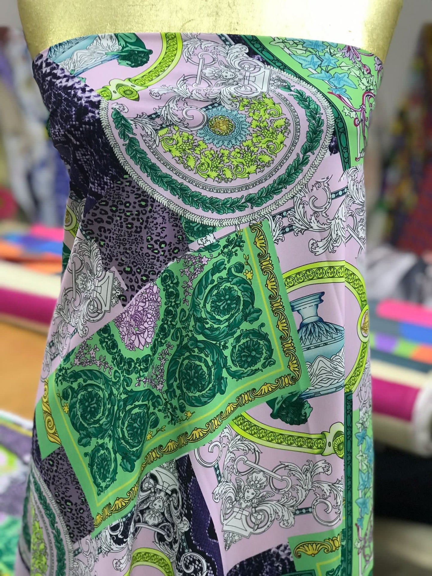 Baroque Pattern Fabric Green Borders and Soft Color Palette