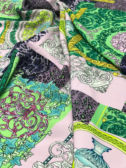 Baroque Pattern Fabric Green Borders and Soft Color Palette