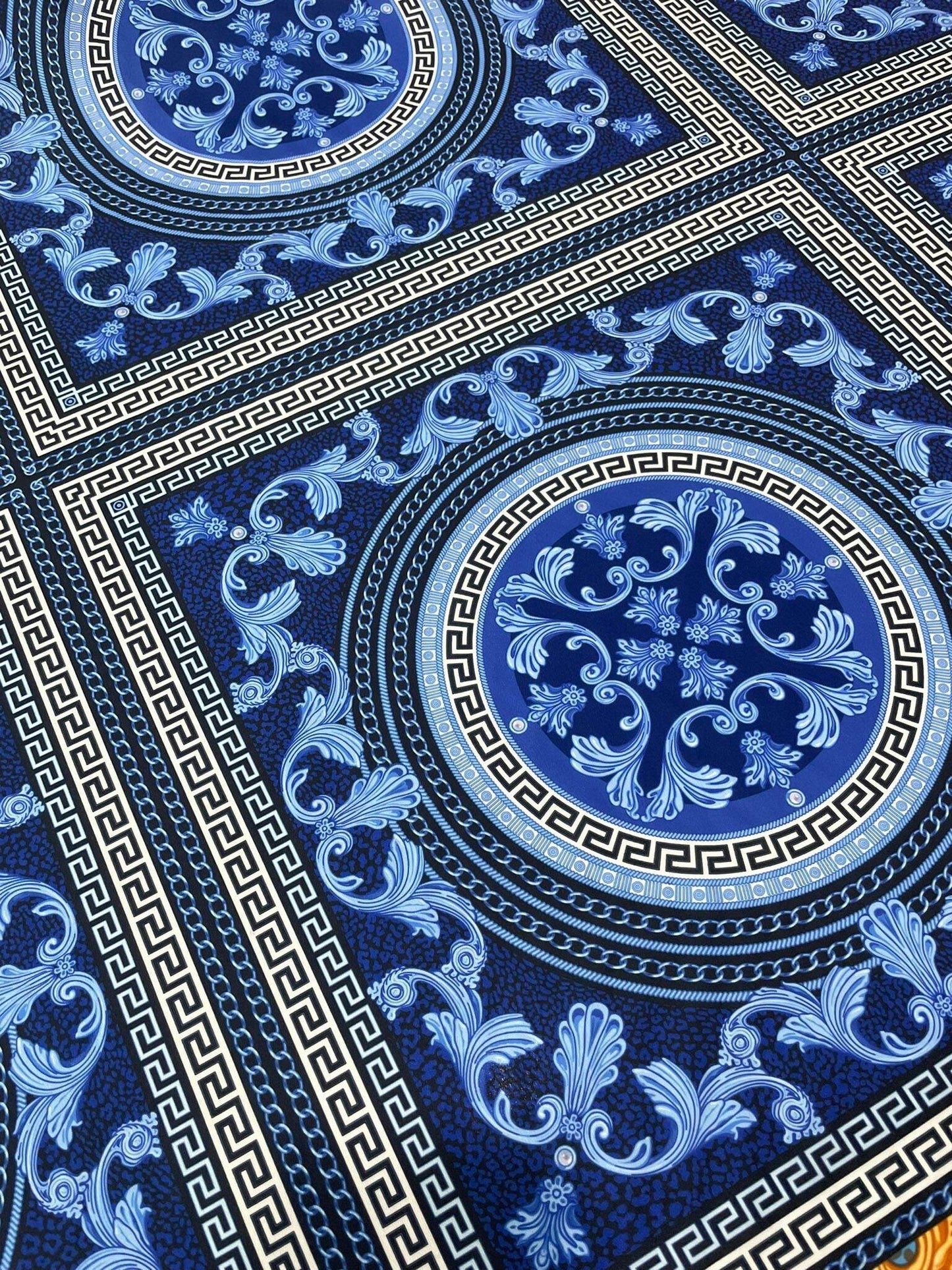 Navy Blue Baroque Greek Key Fabric – Available in Satin, Crepe, Spandex & Chiffon | By Metre