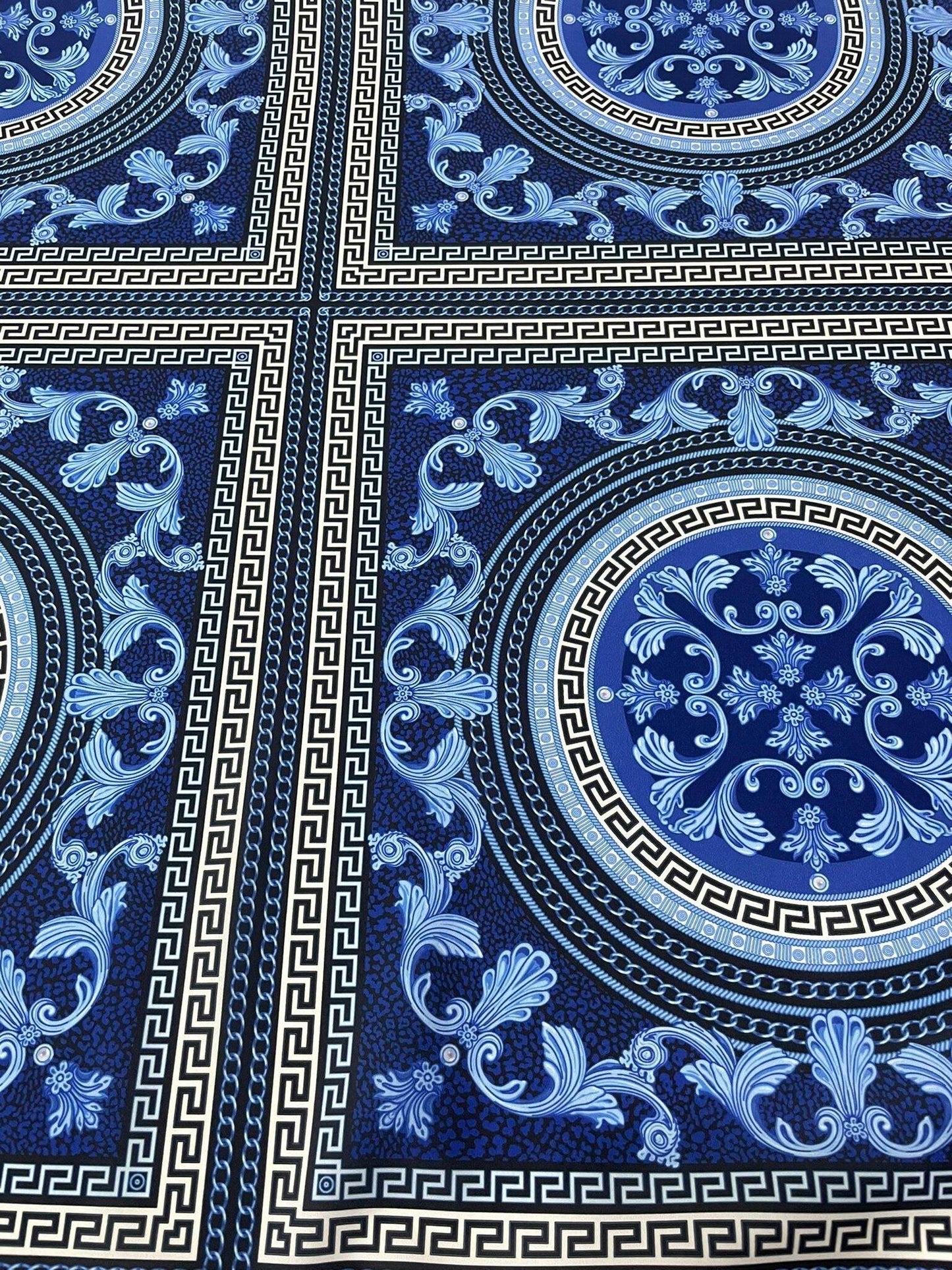 Navy Blue Baroque Greek Key Fabric – Available in Satin, Crepe, Spandex & Chiffon | By Metre