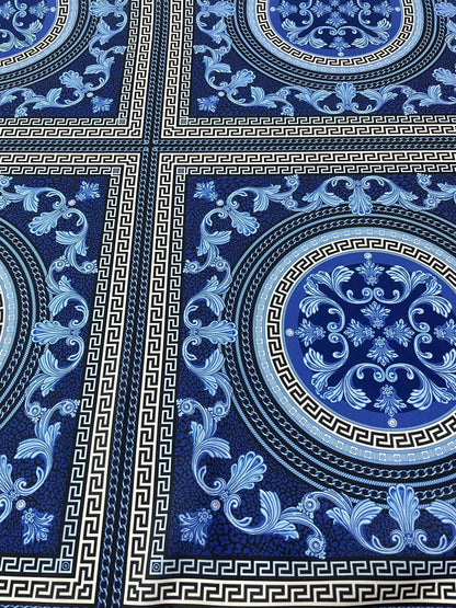 Navy Blue Baroque Greek Key Fabric – Available in Satin, Crepe, Spandex & Chiffon | By Metre