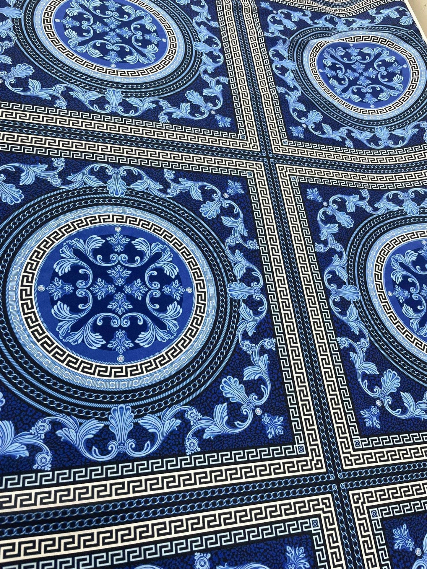 Navy Blue Baroque Greek Key Fabric – Available in Satin, Crepe, Spandex & Chiffon | By Metre