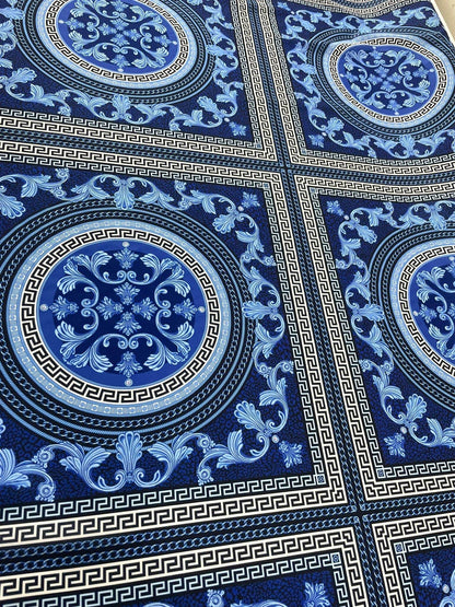 Navy Blue Baroque Greek Key Fabric – Available in Satin, Crepe, Spandex & Chiffon | By Metre