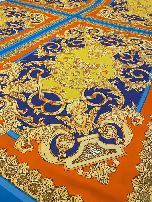 Baroque Pattern Fabric with Orange Border and Gold Accents