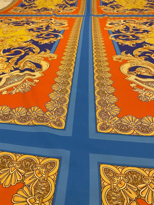 Baroque Pattern Fabric with Orange Border and Gold Accents