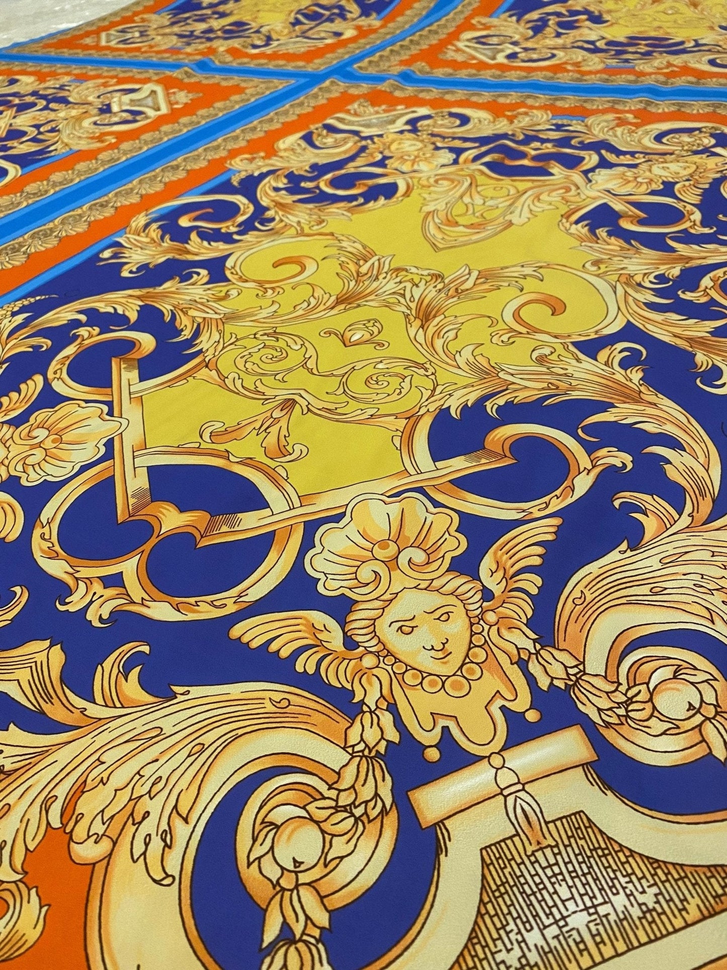 Baroque Pattern Fabric with Orange Border and Gold Accents