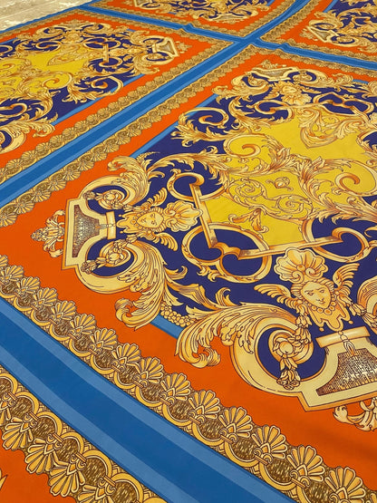 Baroque Pattern Fabric with Orange Border and Gold Accents
