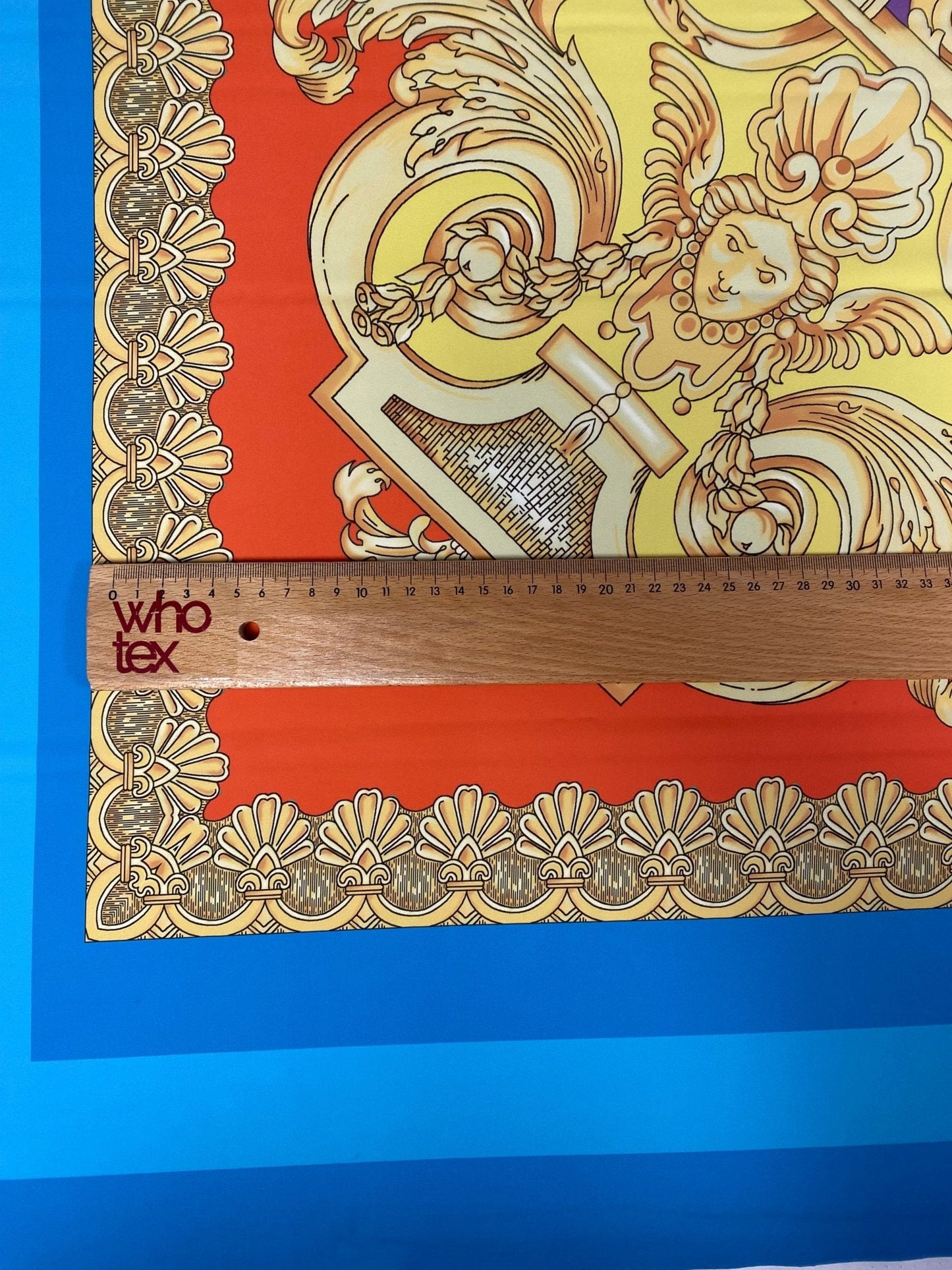 Baroque Pattern Fabric with Orange Border and Gold Accents – Multiple Fabric Options, Sold by Metre