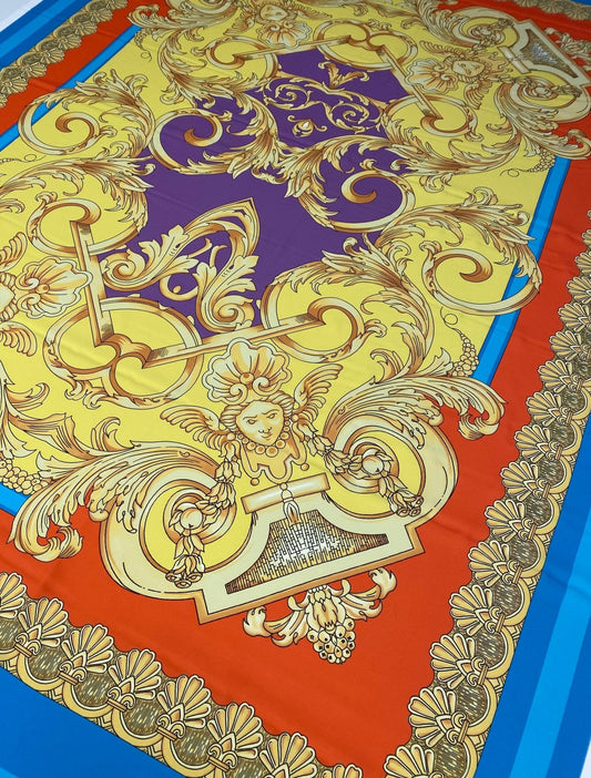 Baroque Pattern Fabric with Orange Border and Gold Accents – Multiple Fabric Options, Sold by Metre