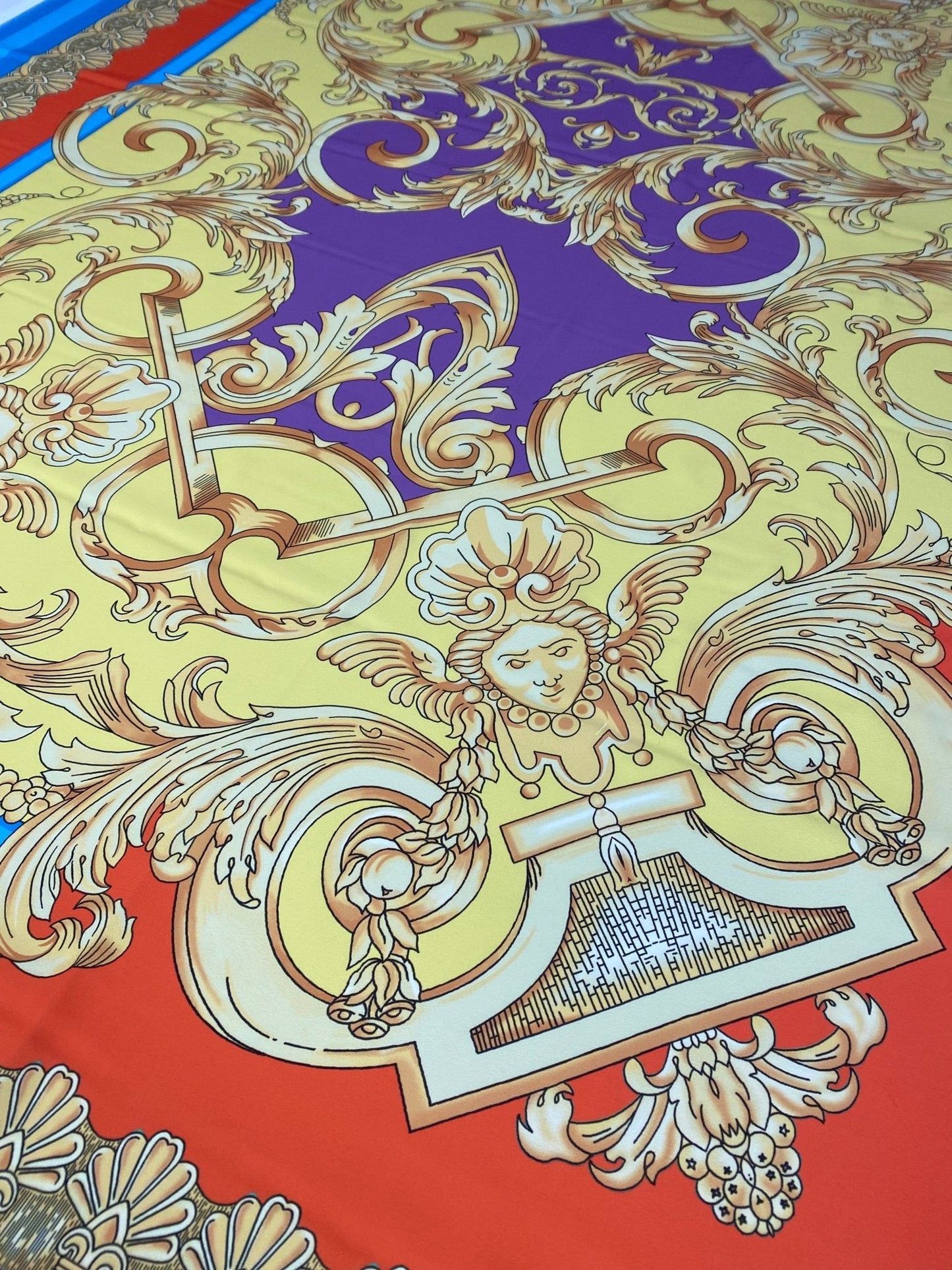 Baroque Pattern Fabric with Orange Border and Gold Accents – Multiple Fabric Options, Sold by Metre