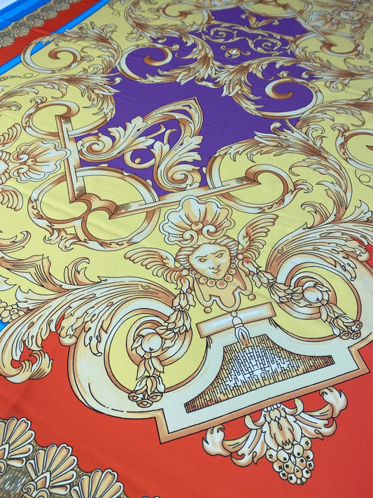 Baroque Pattern Fabric with Orange Border and Gold Accents – Multiple Fabric Options, Sold by Metre