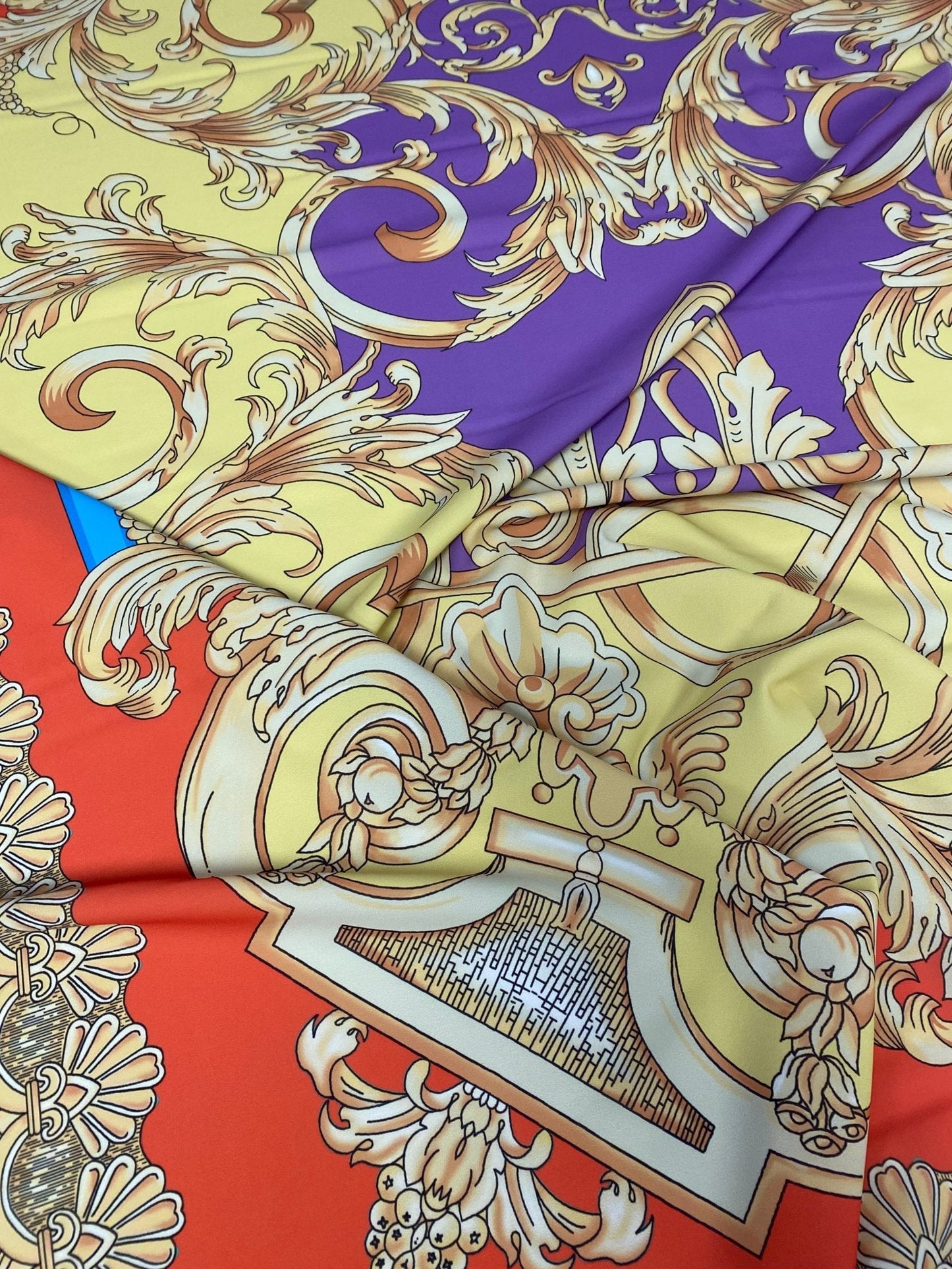 Baroque Pattern Fabric with Orange Border and Gold Accents – Multiple Fabric Options, Sold by Metre