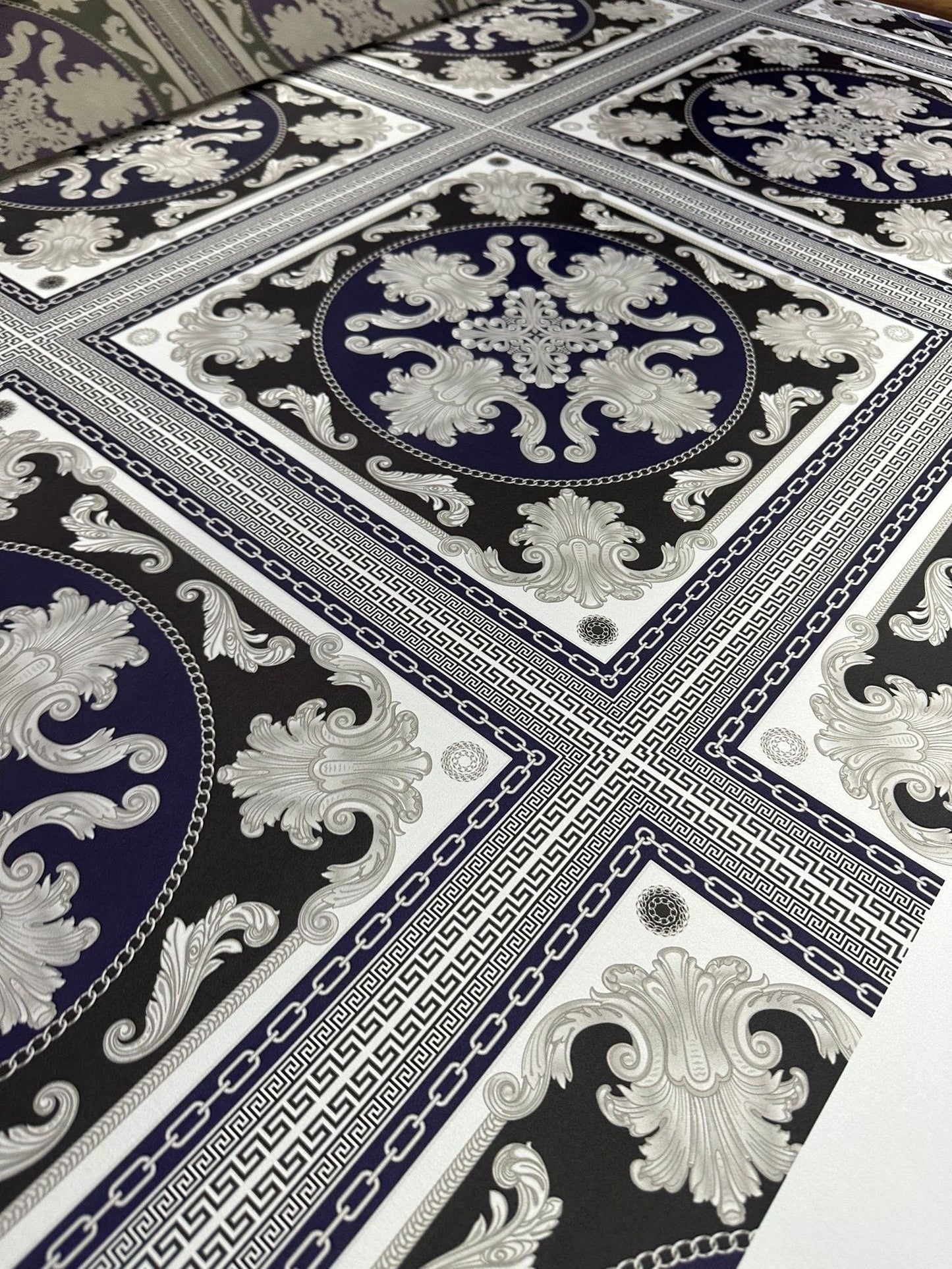 Greek Key Pattern with Navy Blue Baroque Fabric