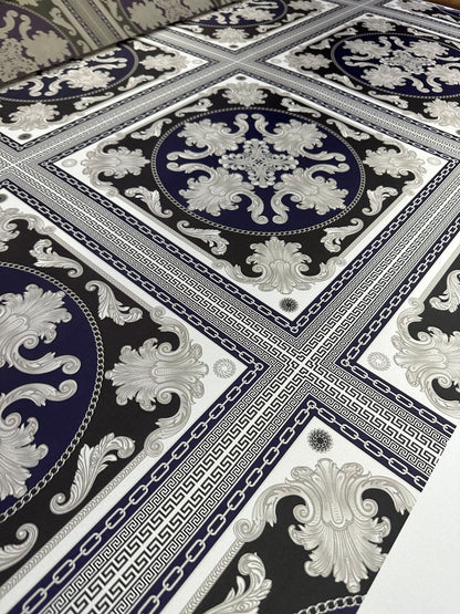 Greek Key Pattern with Navy Blue Baroque Fabric