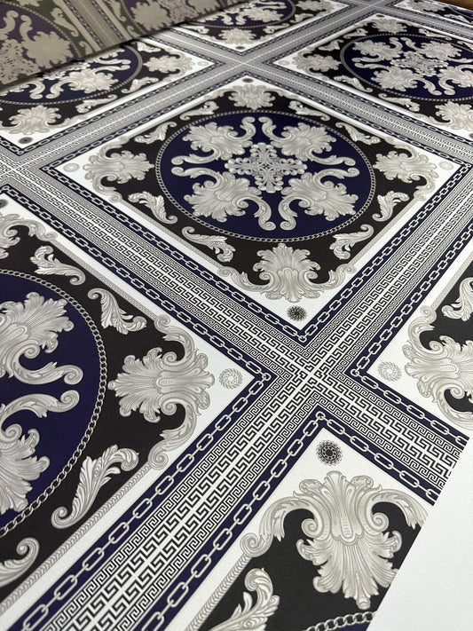Greek Key Pattern with Navy Blue Baroque Fabric