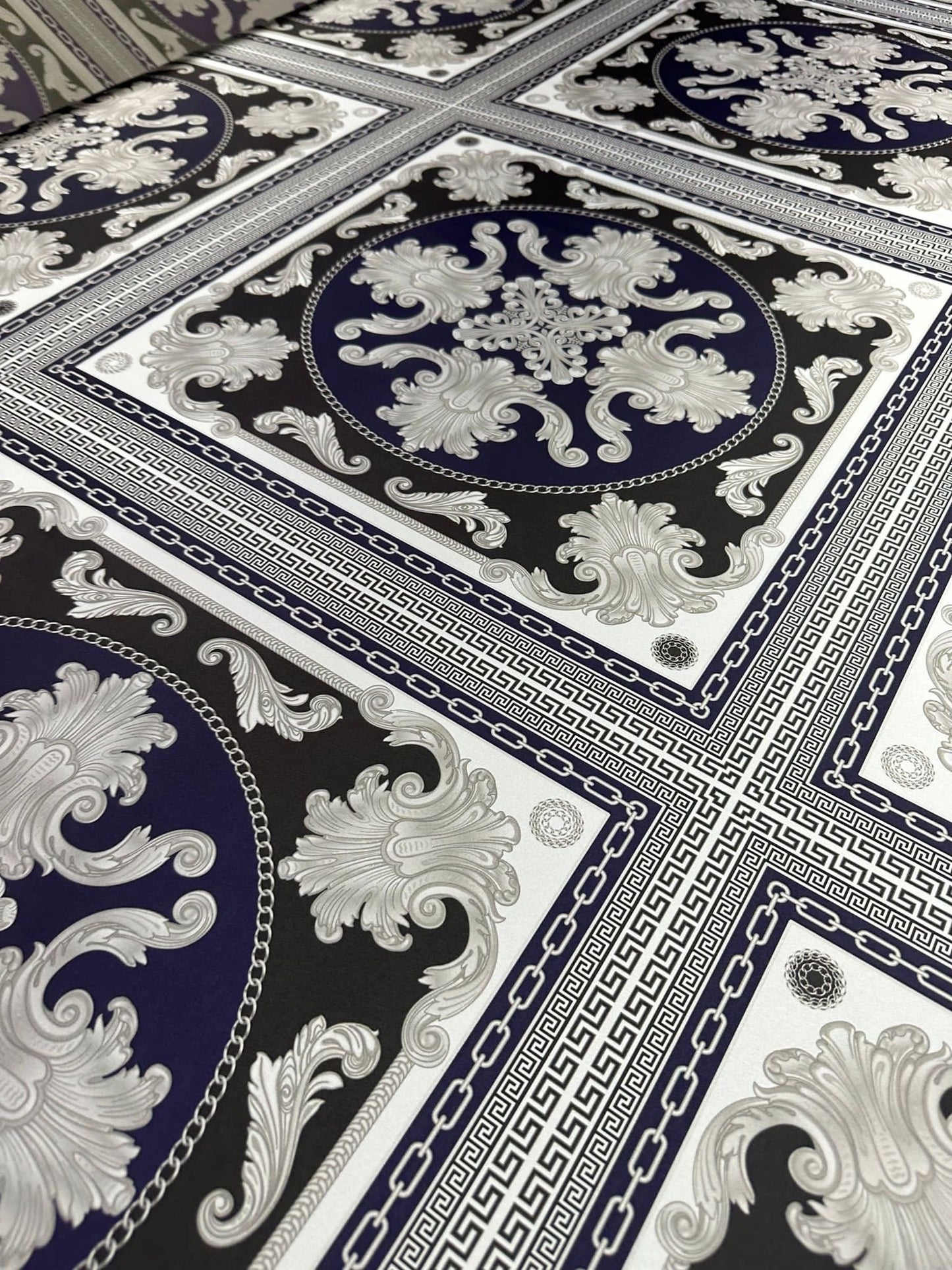 Greek Key Pattern with Navy Blue Baroque Fabric