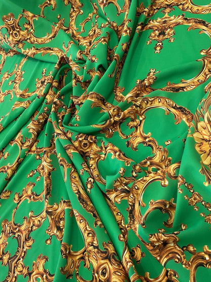 Baroque Green Gold Print Fabric – Multiple Fabric Options, Sold by Metre