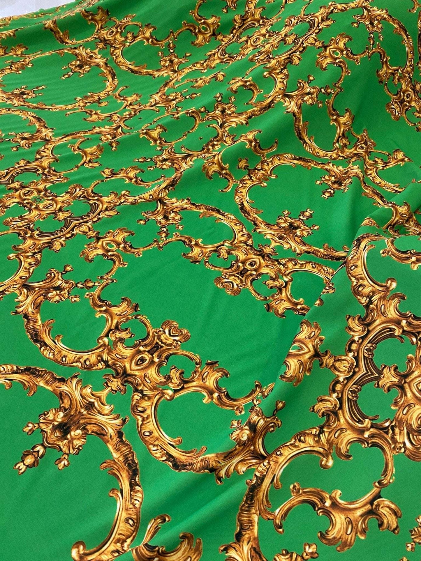 Baroque Green Gold Print Fabric – Multiple Fabric Options, Sold by Metre