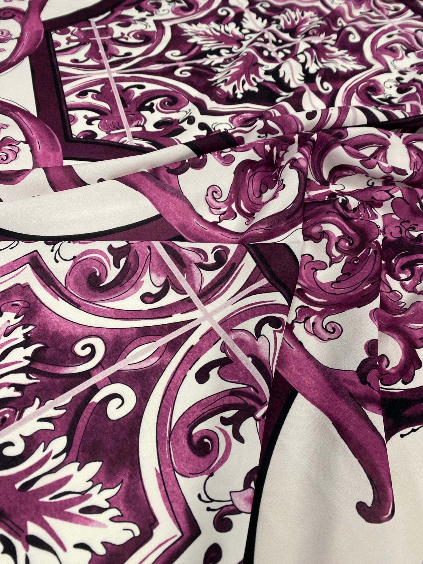 Baroque Style Purple Ornamental Fabric – Available in Satin, Crepe, Spandex & Chiffon | By Metre
