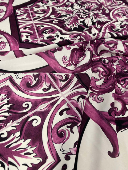 Baroque Style Purple Ornamental Fabric – Available in Satin, Crepe, Spandex & Chiffon | By Metre