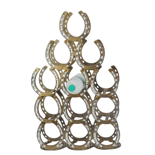 65CM ANTIQUE BRASS HORSESHOE 12 BOTTLE WINE RACK