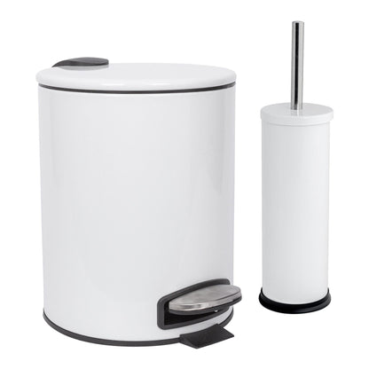 2pc 5L White Round Stainless Steel Pedal Bin & Toilet Brush Set