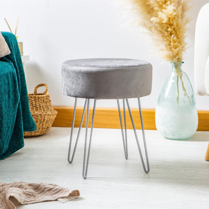 Grey Round Velvet Footstool
