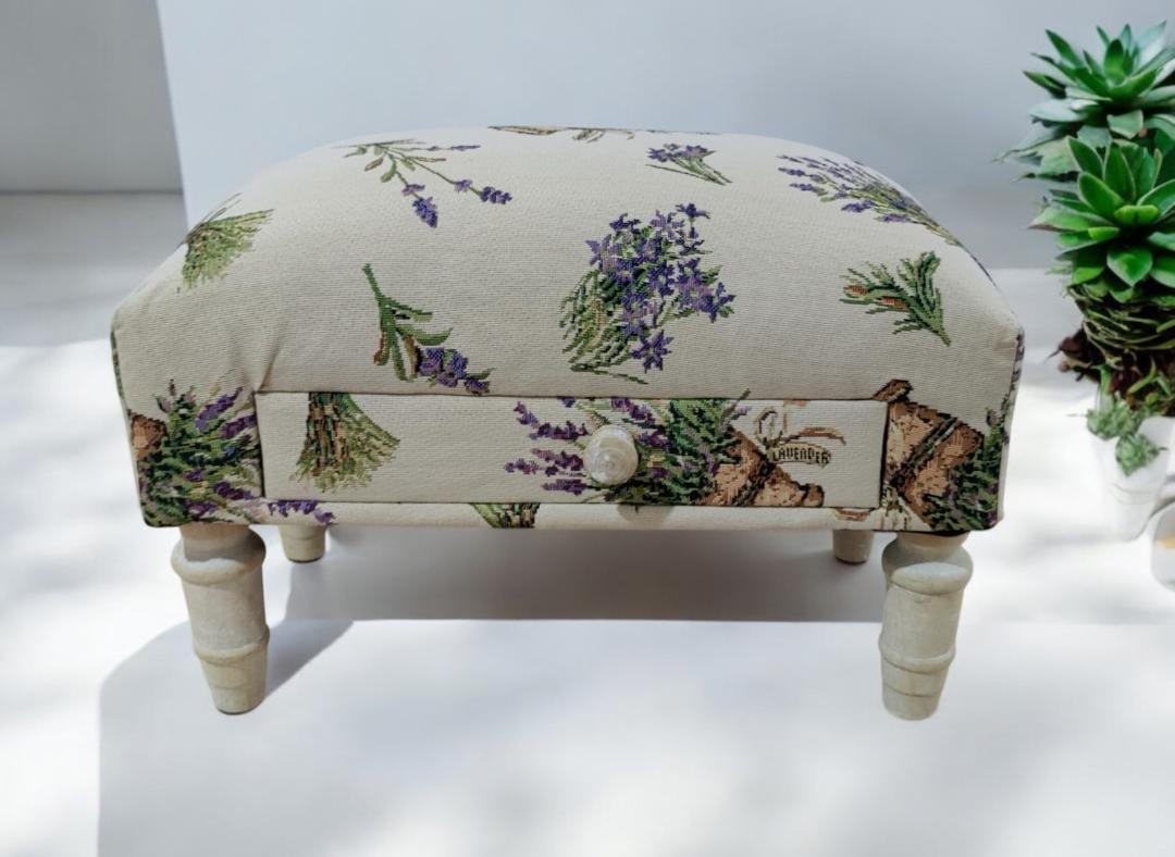 LAVENDER FABRIC FOOTSTOOL WITH DRAWER