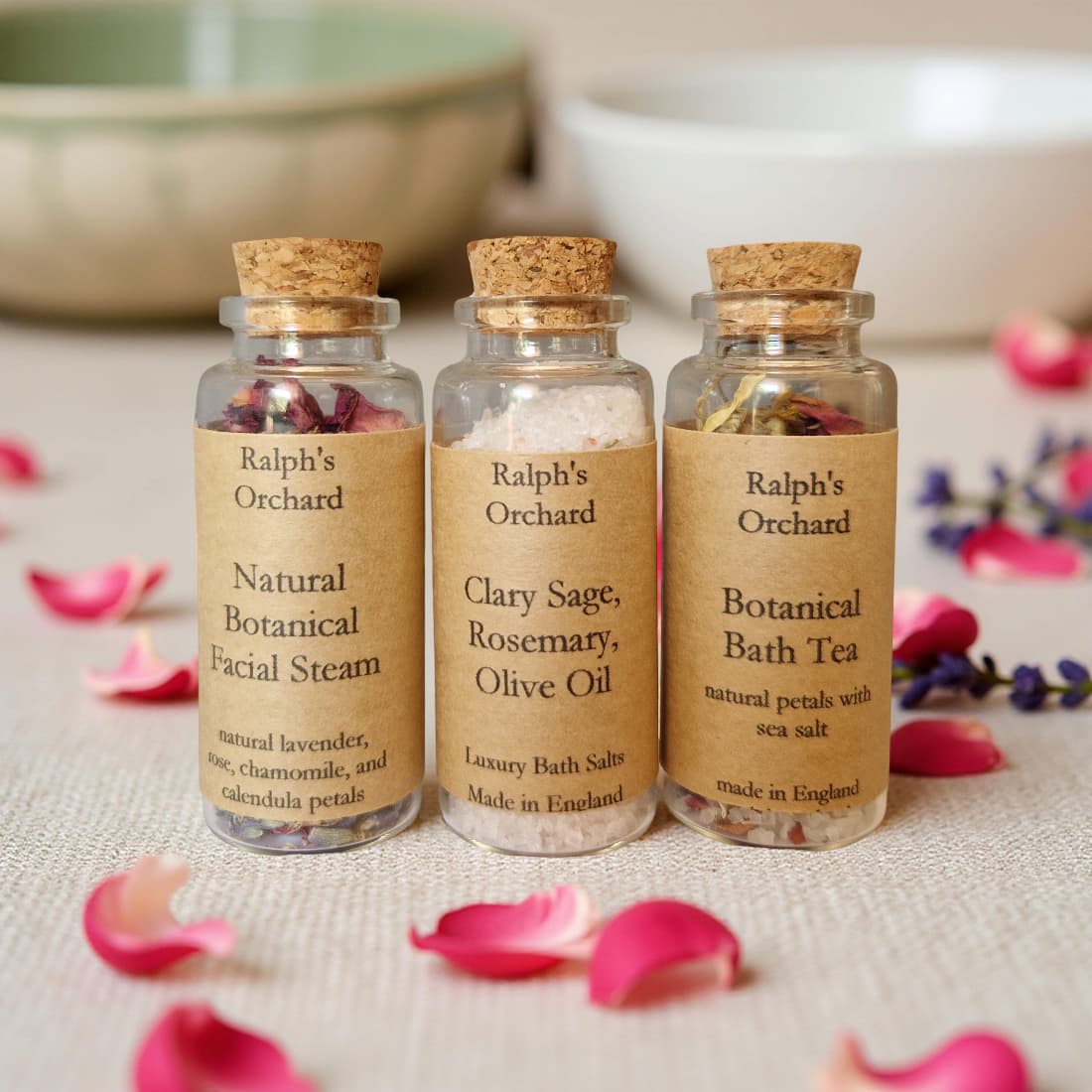 Mini Spa Gift Trio – Botanical Facial Steam, Bath Tea & Salt Vials