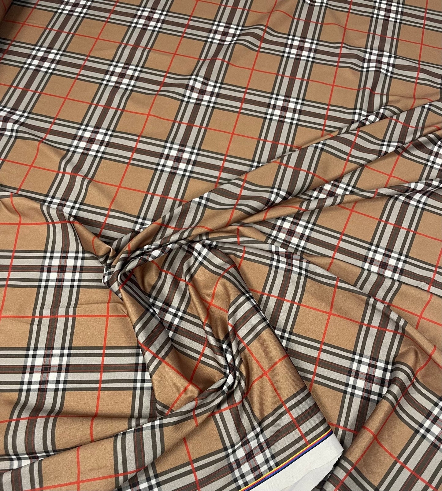 Beige Tartan Plaid Spandex Fabric by the Metre