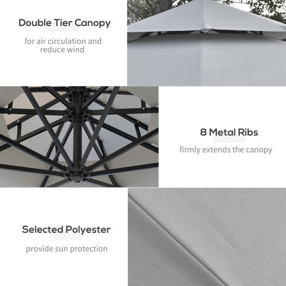 Outsunny 3(m) Cantilever Parasol Hanging Banana Umbrella w/ lights, Light Grey