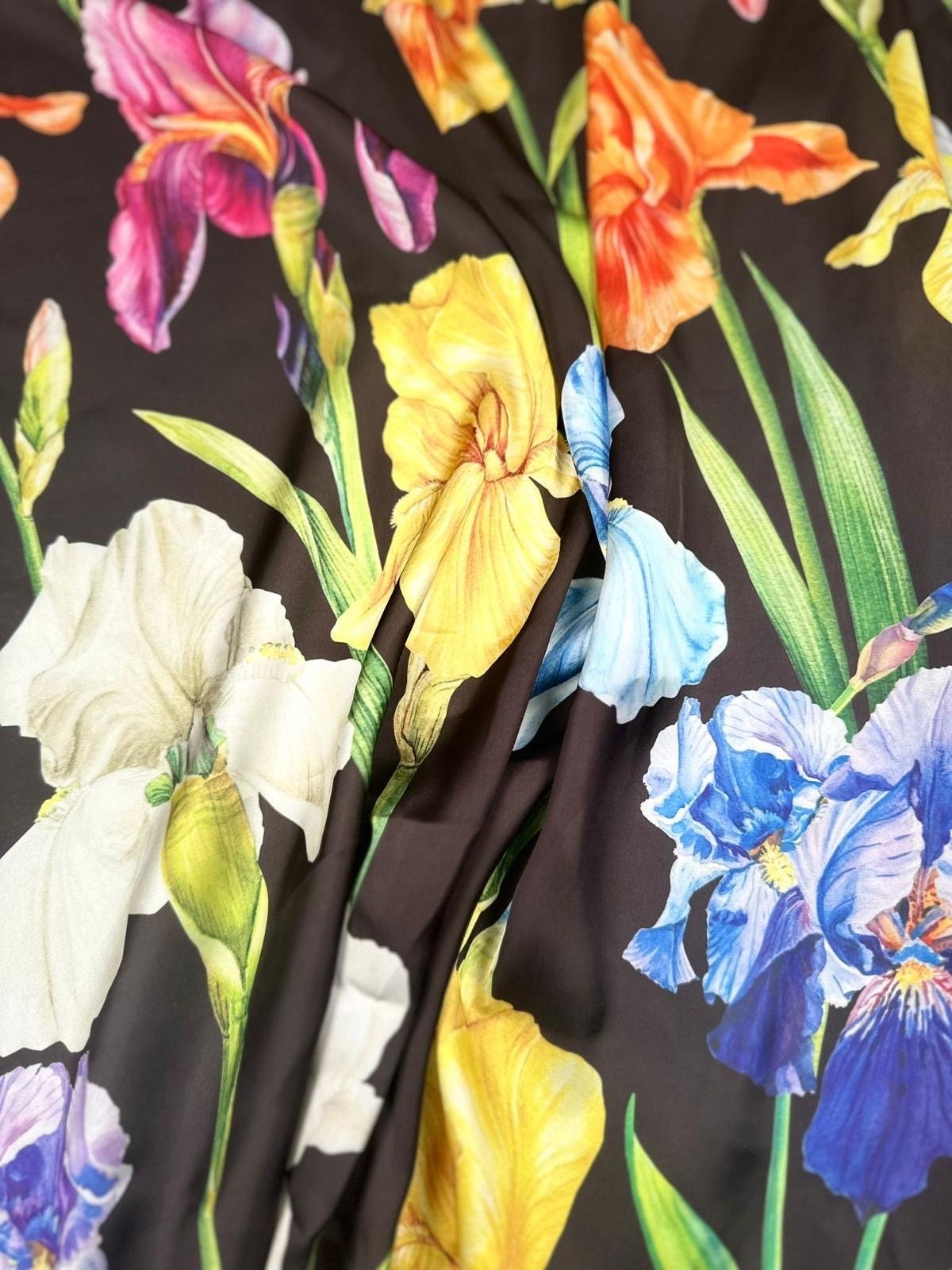Multicolor Floral Pattern Fabric Big Flowers on Black Background