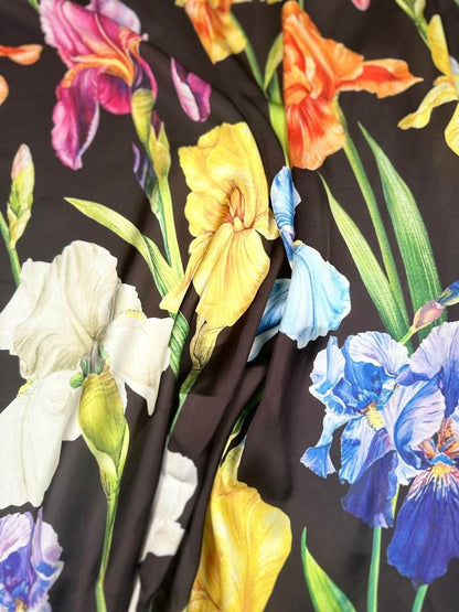 Multicolor Floral Pattern Fabric Big Flowers on Black Background – Fabric by Metre, Options: Satin, Crepe, Spandex, Chiffon