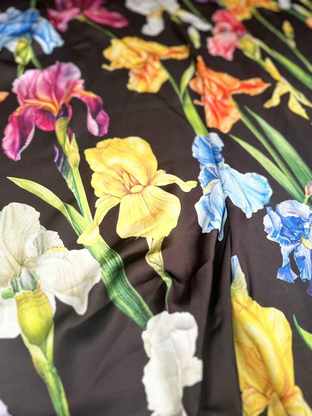 Multicolor Floral Pattern Fabric Big Flowers on Black Background