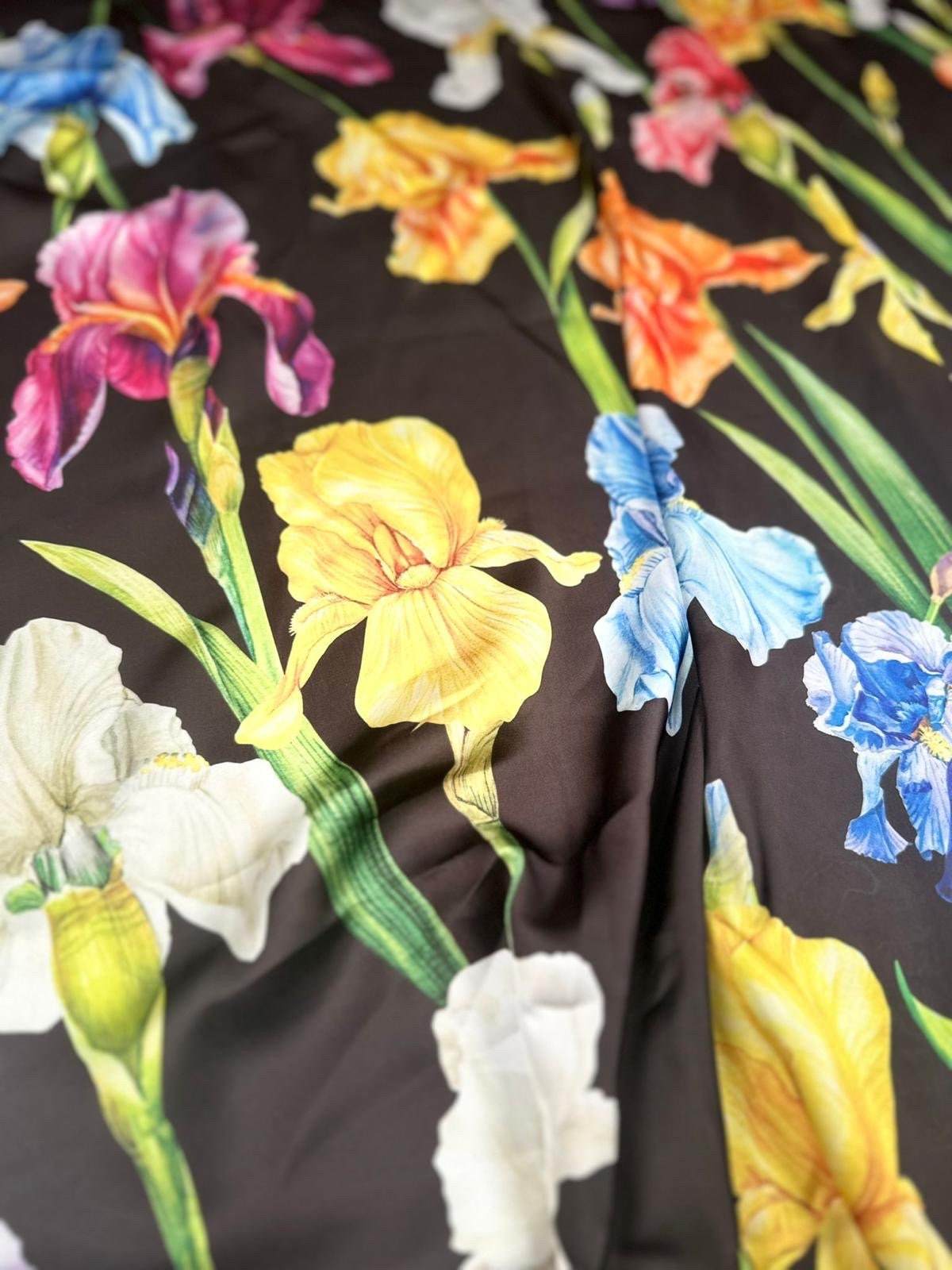 Multicolor Floral Pattern Fabric Big Flowers on Black Background – Fabric by Metre, Options: Satin, Crepe, Spandex, Chiffon