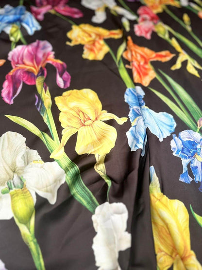 Multicolor Floral Pattern Fabric Big Flowers on Black Background – Fabric by Metre, Options: Satin, Crepe, Spandex, Chiffon