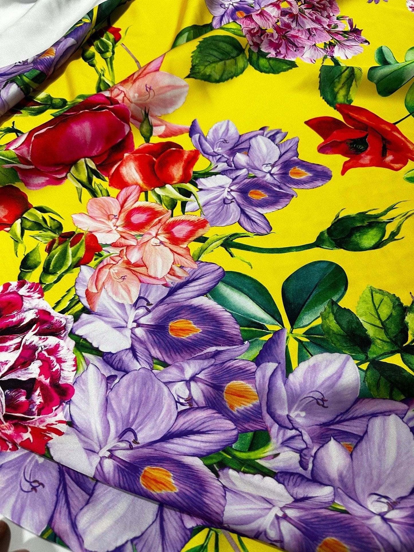 Bright Yellow Rose Floral Fabric – Custom Printed Fabric on Satin, Crepe, Spandex or Chiffon