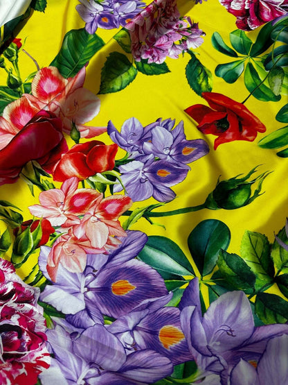 Bright Yellow Rose Floral Fabric – Custom Printed Fabric on Satin, Crepe, Spandex or Chiffon