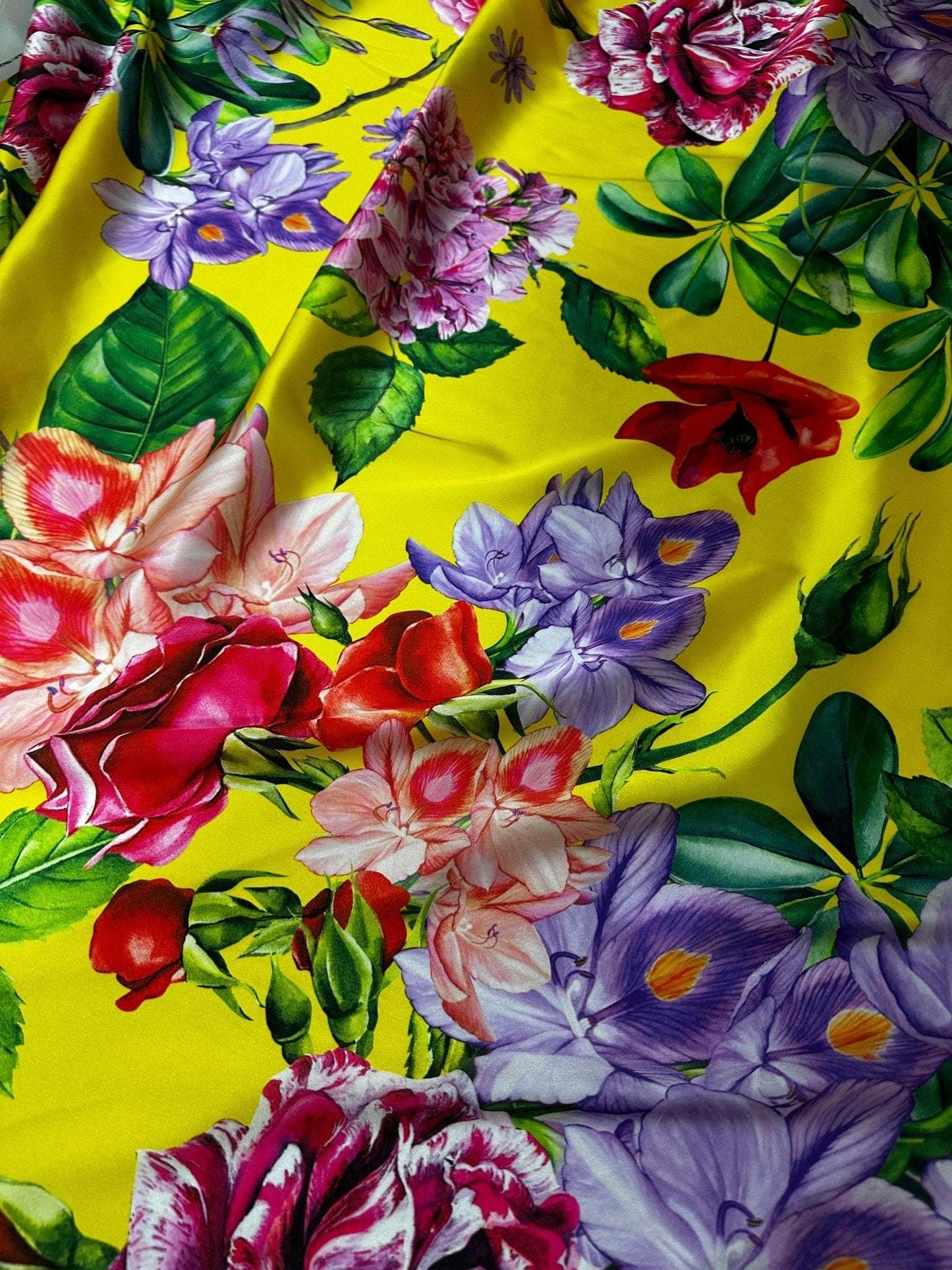 Bright Yellow Rose Floral Fabric – Custom Printed Fabric on Satin, Crepe, Spandex or Chiffon