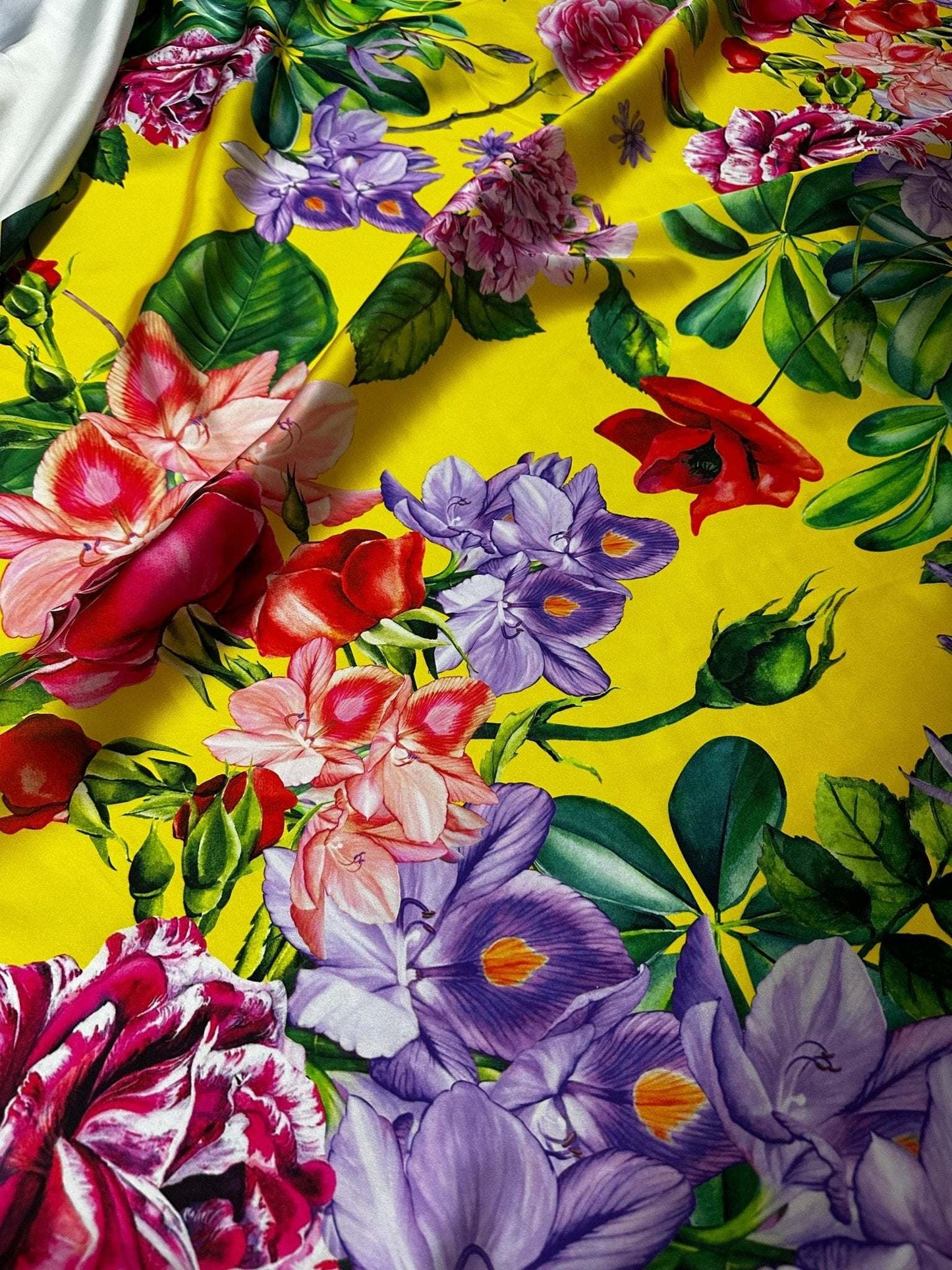 Bright Yellow Rose Floral Fabric – Custom Printed Fabric on Satin, Crepe, Spandex or Chiffon