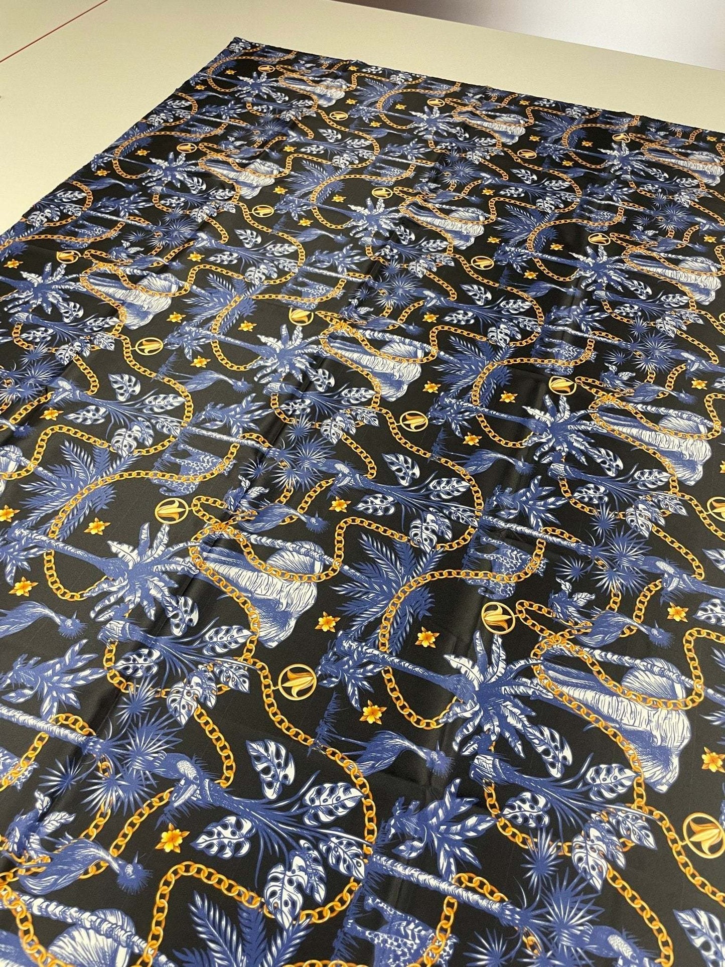 Black and Blue Tropical Fabric with Gold Chains – Fabric by Metre, Options: Satin, Crepe, Spandex, Chiffon