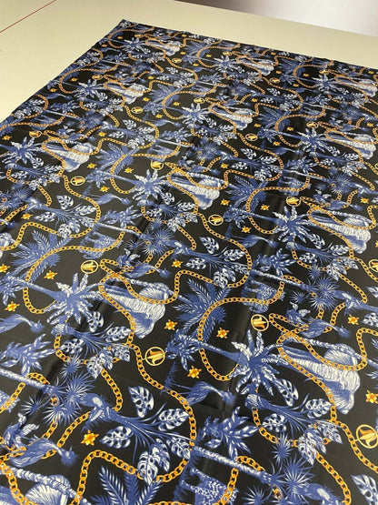 Black and Blue Tropical Fabric with Gold Chains – Fabric by Metre, Options: Satin, Crepe, Spandex, Chiffon