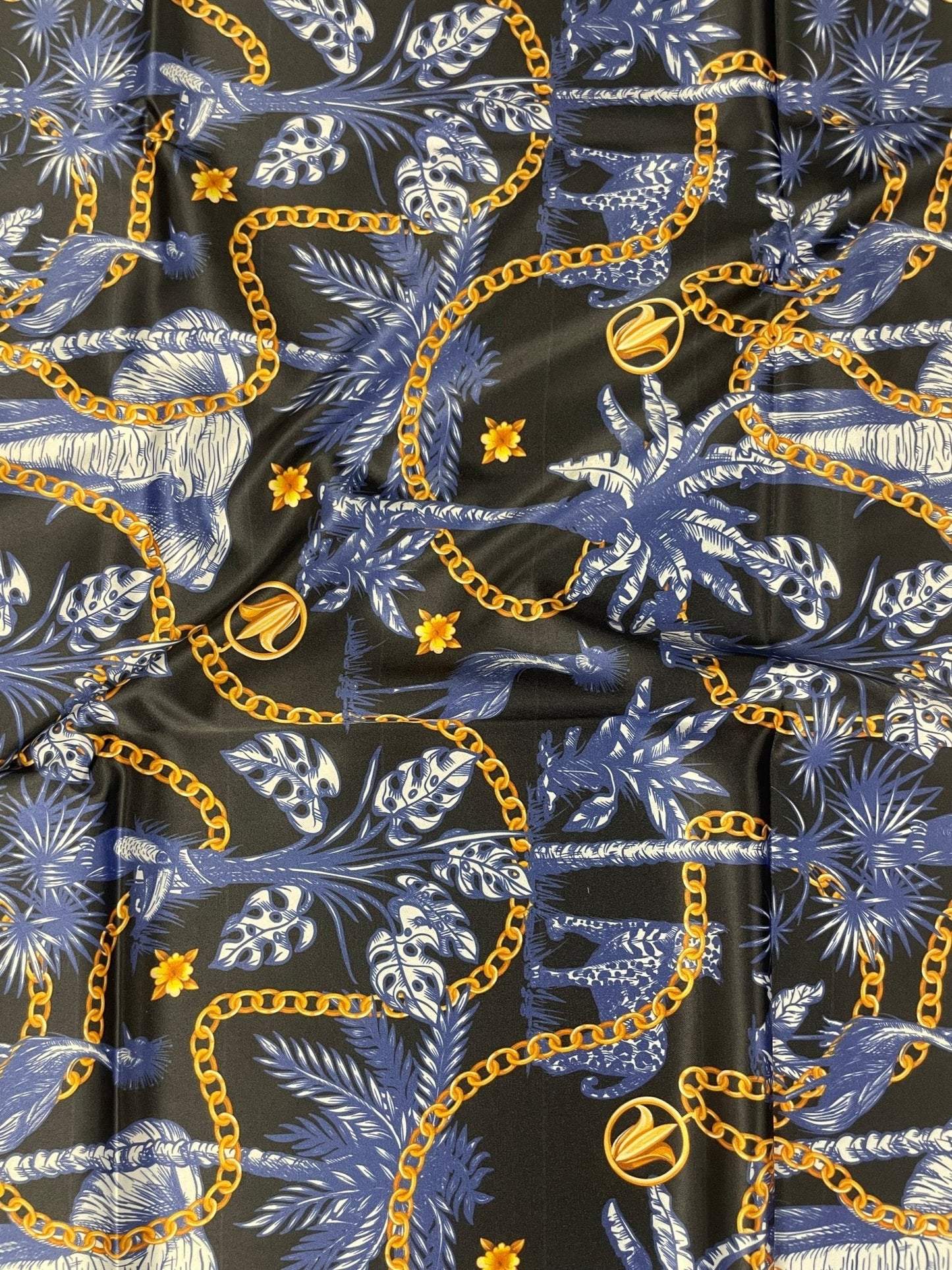 Black and Blue Tropical Fabric with Gold Chains