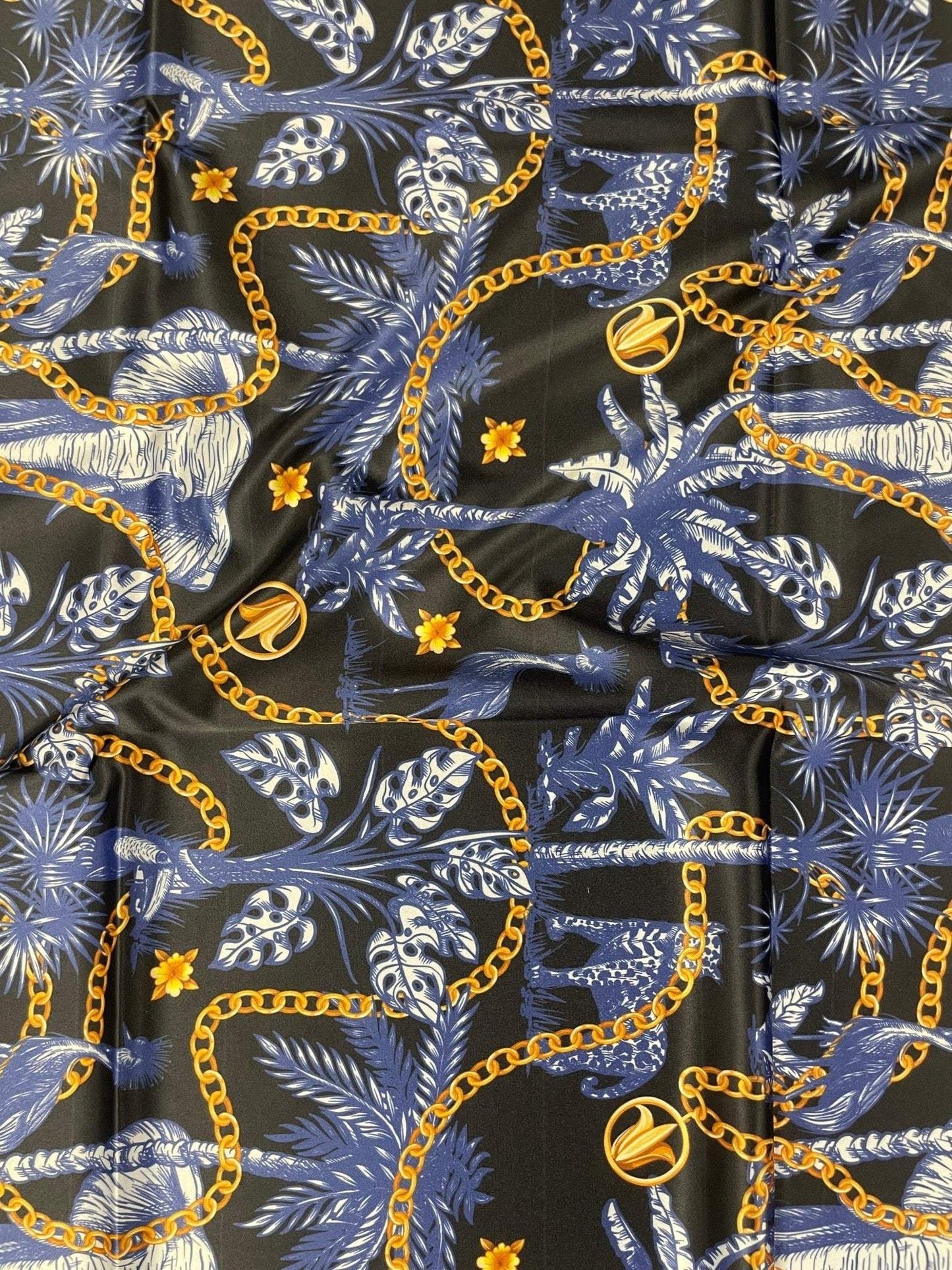 Black and Blue Tropical Fabric with Gold Chains – Fabric by Metre, Options: Satin, Crepe, Spandex, Chiffon