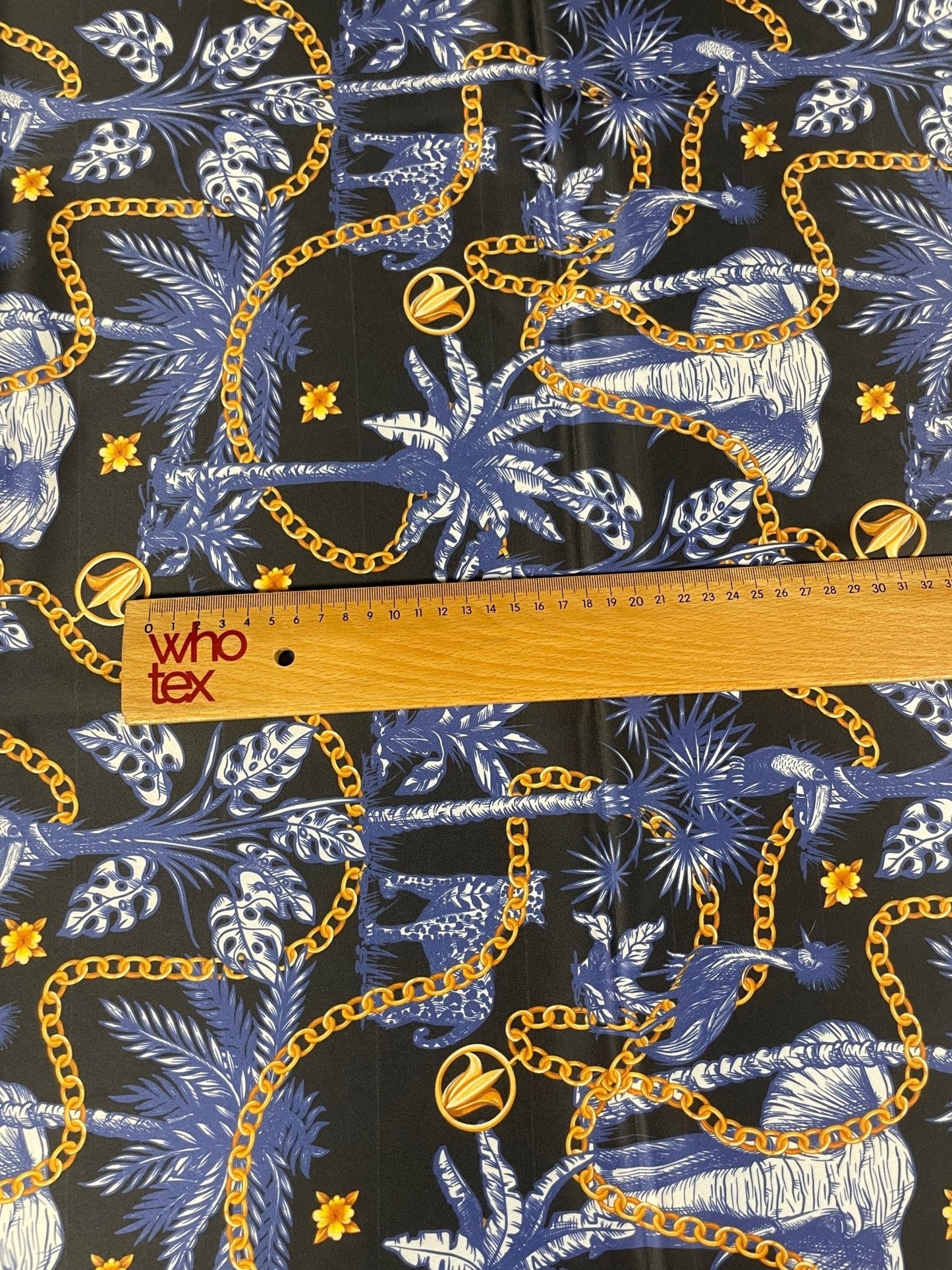 Black and Blue Tropical Fabric with Gold Chains