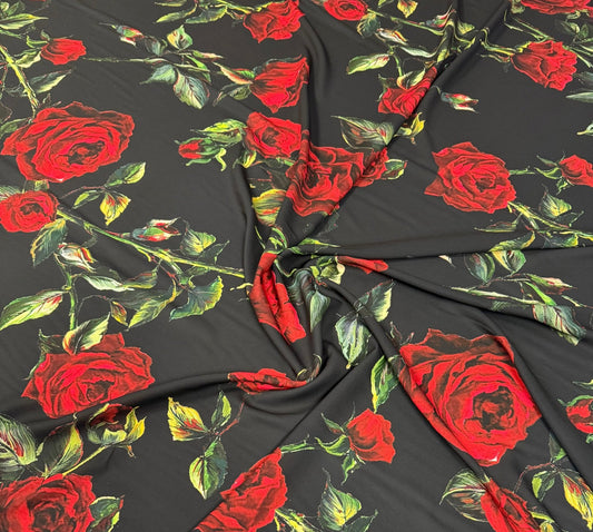 Black and Red Floral Rose Pattern Fabric for Sewing and Crafts – Custom Printed Fabric on Satin, Crepe, Spandex or Chiffon