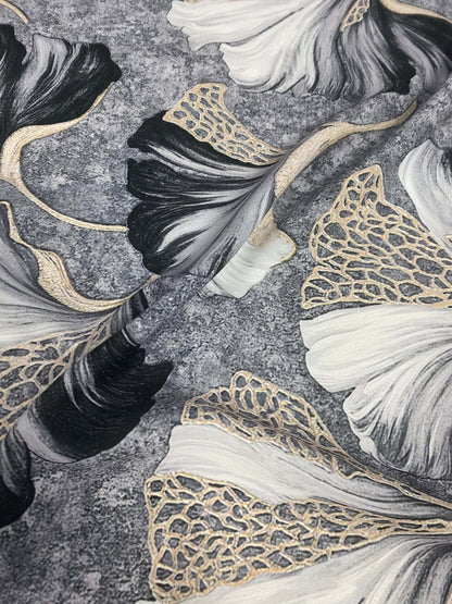 Elegant Gold Vein Botanical Fabric – Fabric by Metre, Options: Satin, Crepe, Spandex, Chiffon